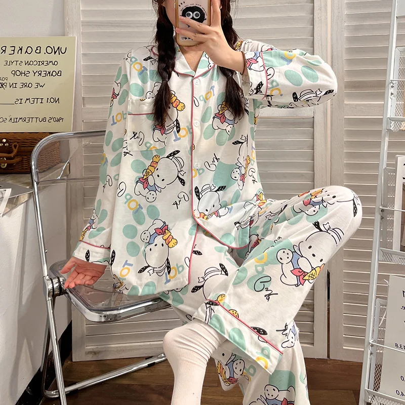 Pochacco Pajama Set Kawaii Hello Kittys Sanrios Anime Cartoon Cinnamoroll Spring Autumn Long Sleeves Student Home Wear Nightwear