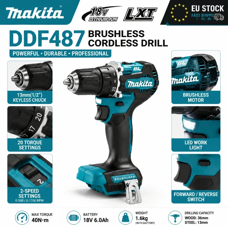 Für Makita DDF487 Akku-Bohrschrauber, kompaktes bürstenloses Elektrowerkzeug, Hochdrehmoment-Bohrer für Heimwerkerarbeiten und professionellen Einsatz.