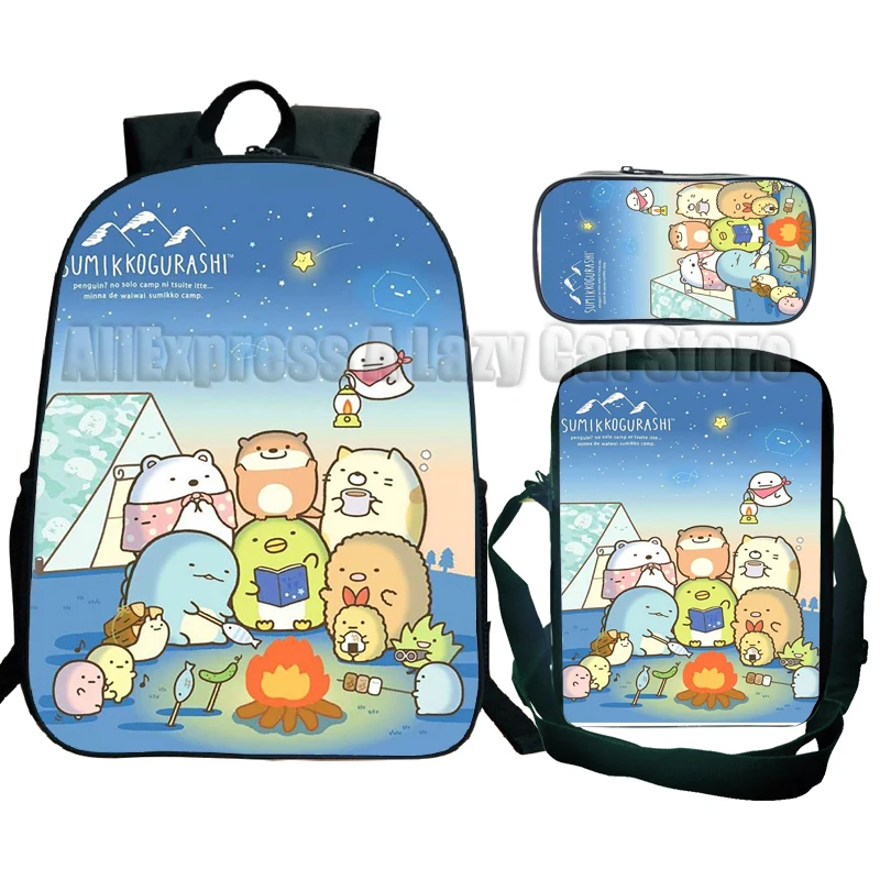 Sumikko gurashi anime mochila, mochila escolar, desenhos animados, bonito, presente para crianças, 3pcs