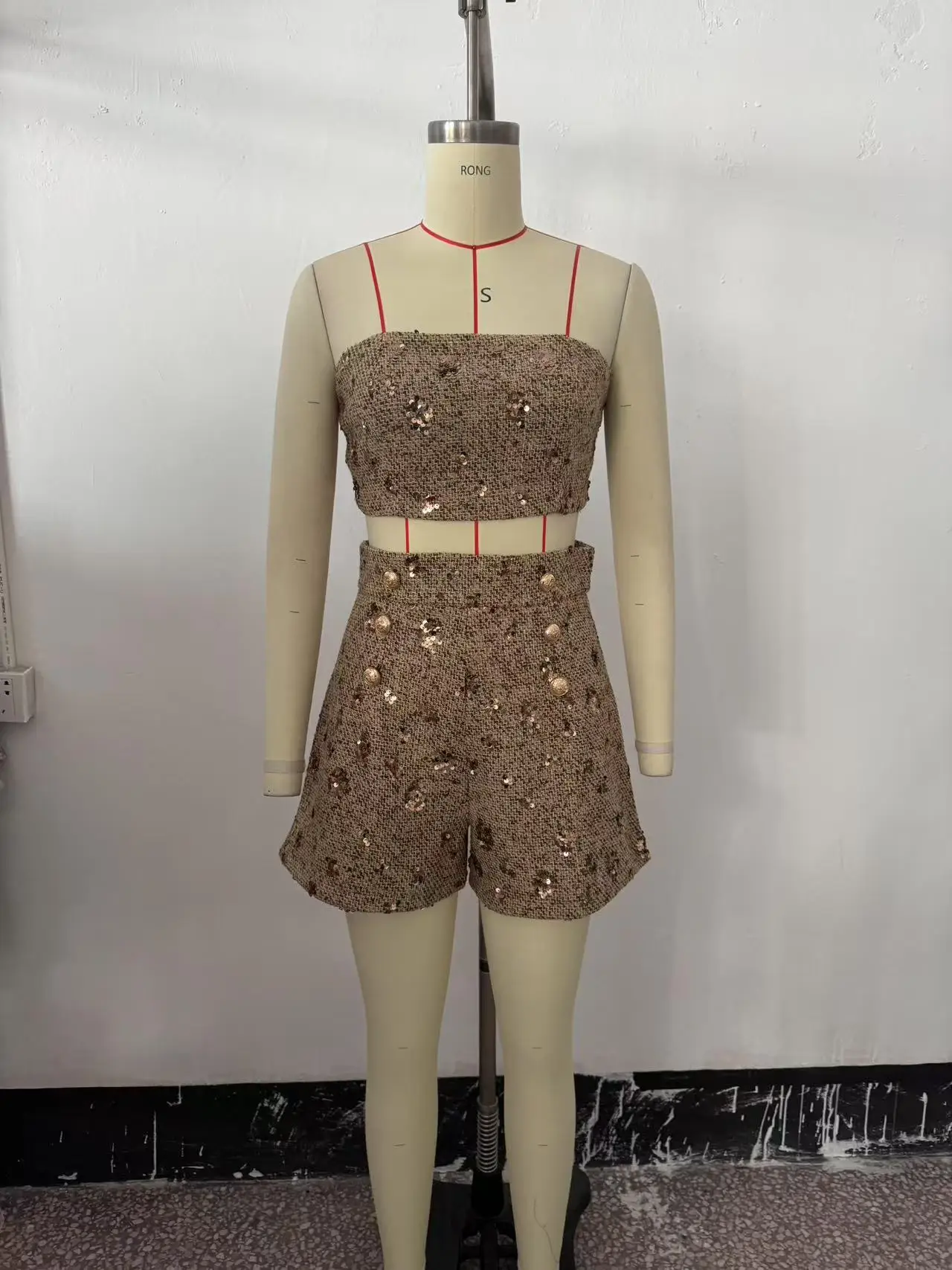 KONDALA Chic Plaid Streetwear Sequined Women Suits Strapless Sexy Short Top+High Waist Mini Shorts Fashion 2025 Y2K Mujer Sets