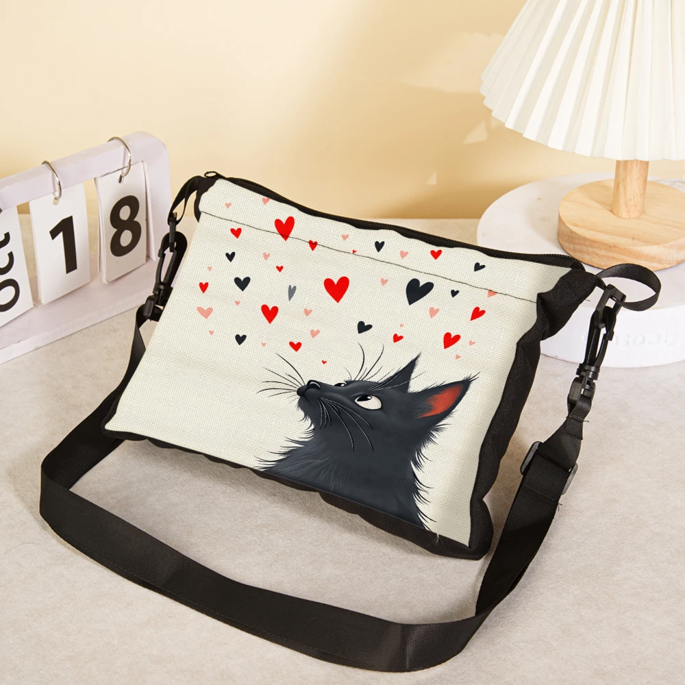 Cat Print Crossbody Bag Cream Color With Red And Black Hearts Pattern Shoulder Bags For Women Girls Casual Daily Use Fashion Acc