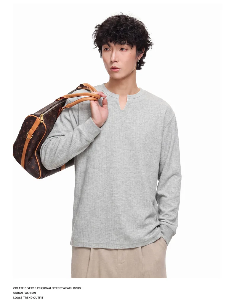 PFNW Versatile Solid Color Casual Base Shirt Men's V Neck Textured Long Sleeve T Shirt 2026 Autumn New Tide 28L3528