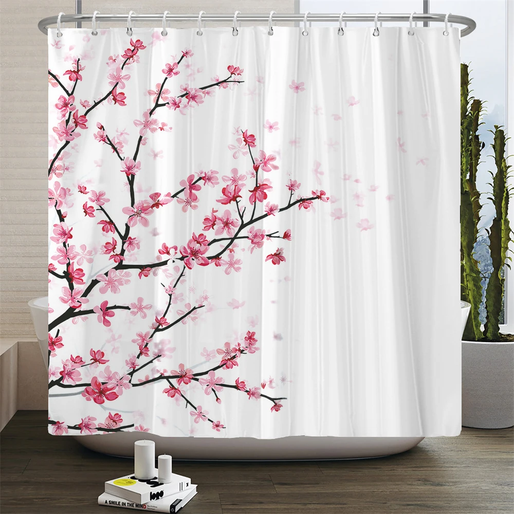 Cherry Blossoms Flowers Print Fabric Shower Curtain Bathroom Curtain Set Anti-slip Rugs Toilet Lid Cover Bath Mat Bathroom Decor