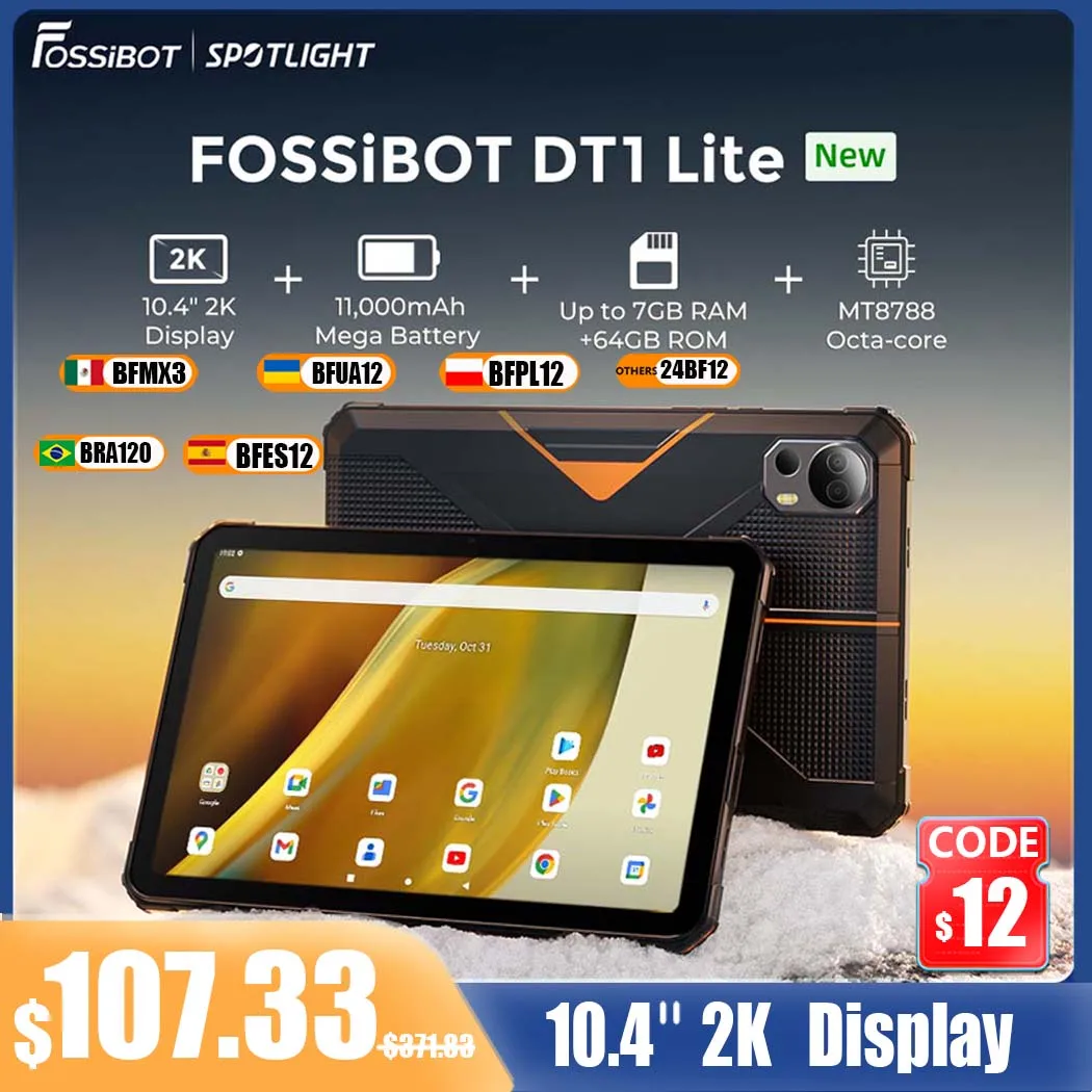 Fossibot-DT1 اللوحي لايت وعرة ، 4GB رام ، 64GB روم ، 11000mAh البطارية ، 4 مرحبا الدقة سماعات الوسادة ، أندرويد 13,10.4 "، 2K-Large الشاشة