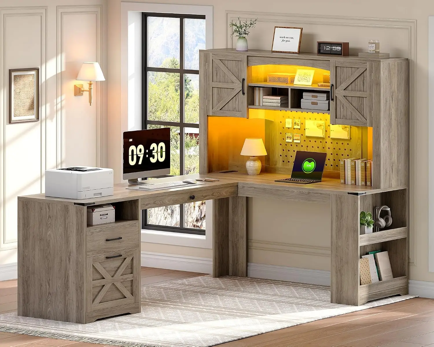67'' L Shaped Executive Desk with Hutch, Corner Computer Desk with File Drawer, Desk with Storage & LED Lights, Customized