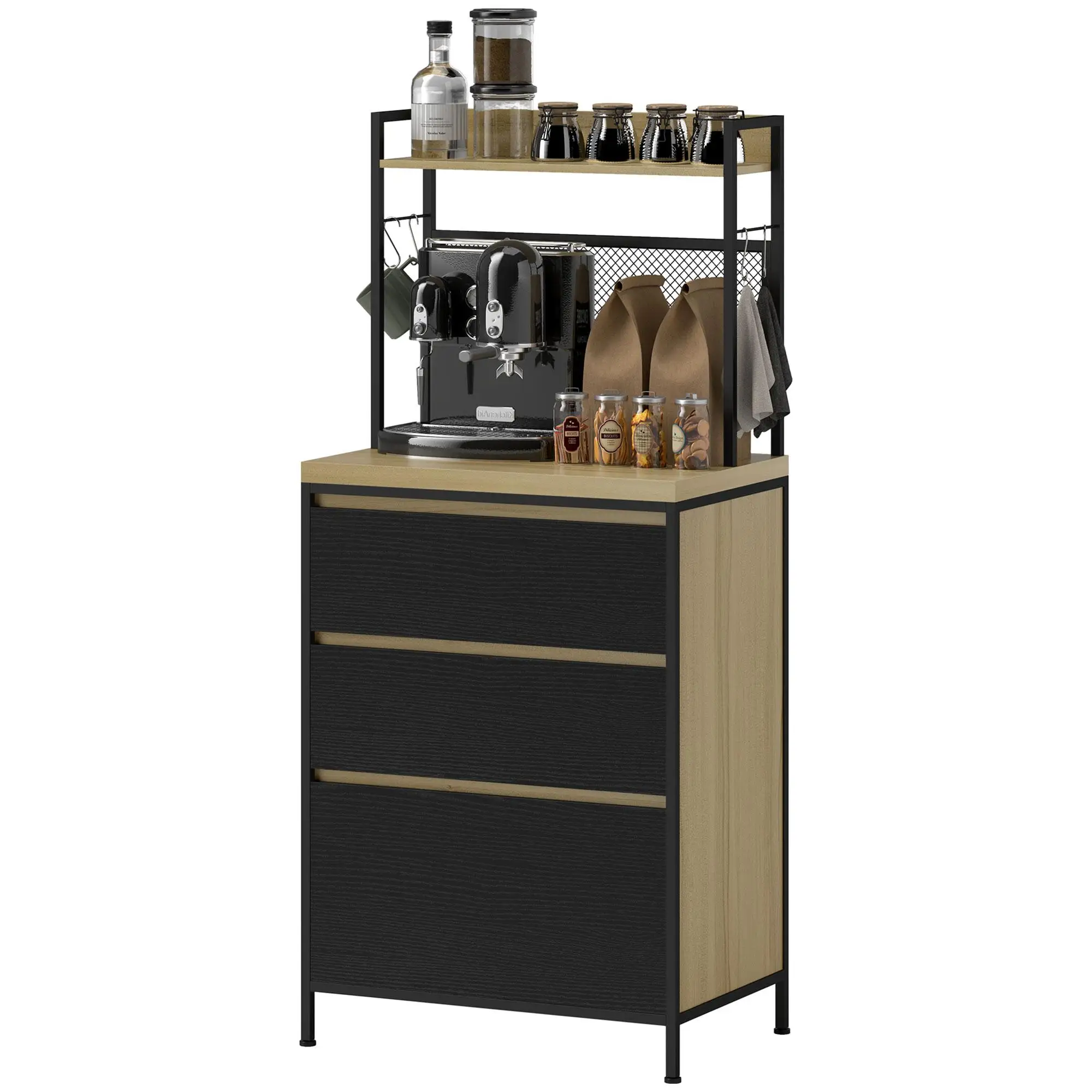 HOMCOM Cómoda de cocina industrial con 3 cajones, estante para platos y 4 ganchos, 60x40x132cm