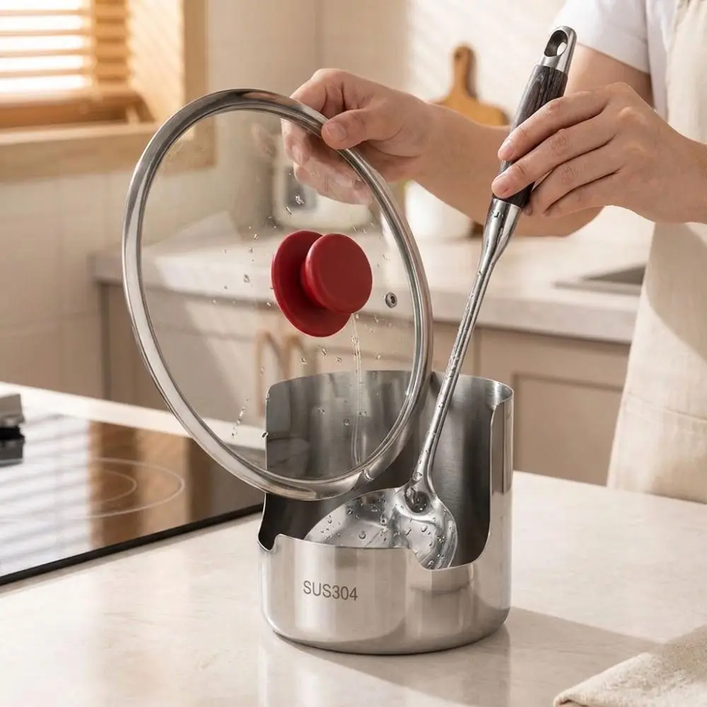 Stainless Steel Pot Lid Storage Rack Heat-Resistant Non-Slip Spatula Holder Vertical Stable Soup Spoon Rest Dinning Table