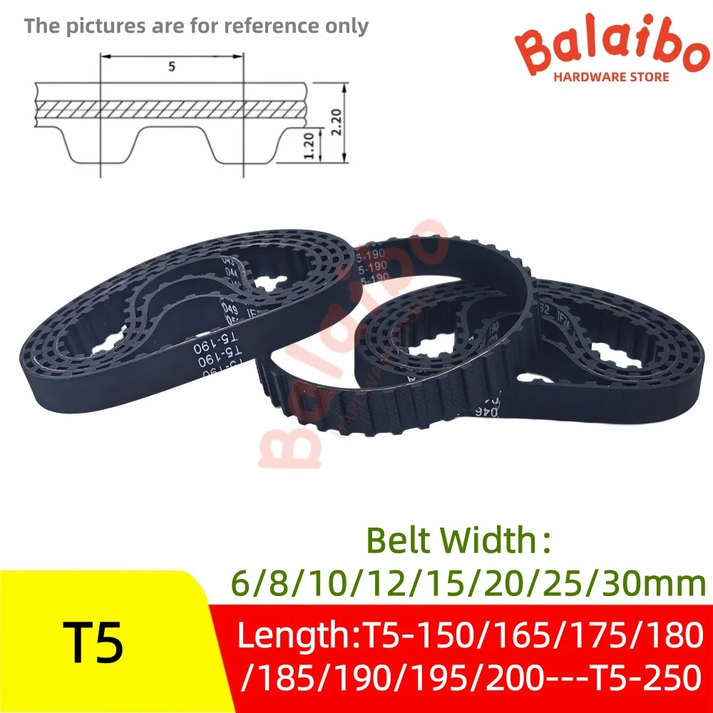 High Torque Rubber  T5 Timing Belt Width 6/8/10/12/15/20/25/30mm Length T5-150/165/175/180/185/190/195/200/210/215/220---T5-250