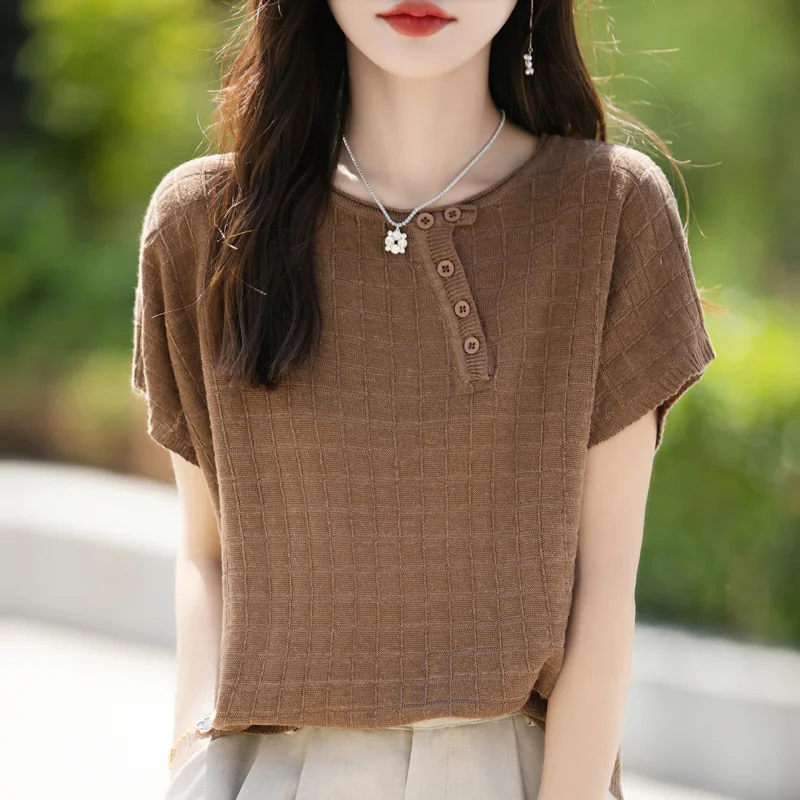 Women's T-shirt Summer 100% Cotton Sweater Short Sleeve Casual Knitwear Round Neck Ladies' Tops Loose Pullover Tees Buttons