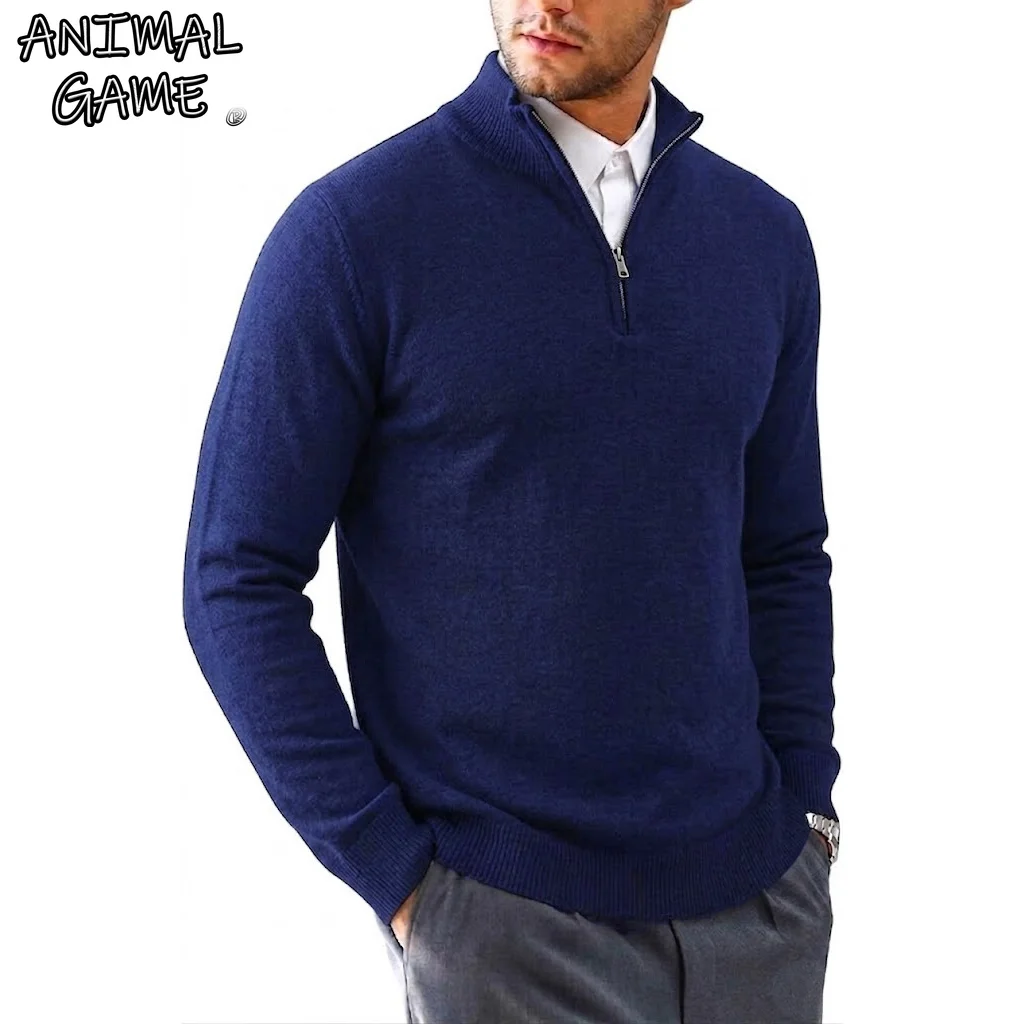 Autumn Men's Zip Polo Sweater Solid Color Athletic Knit Pullover Casual Cardigan Long Sleeve Stand Collar Sport Winter Sweatcoat