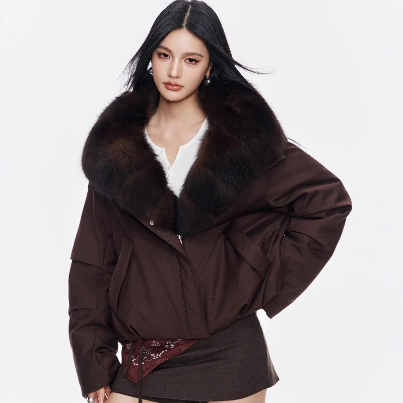 YOLANFAIRY秋冬輸入セーブルフォックスファー襟90グースダウンジャケット通勤スタイルファーダウンコート куртка женская 2025