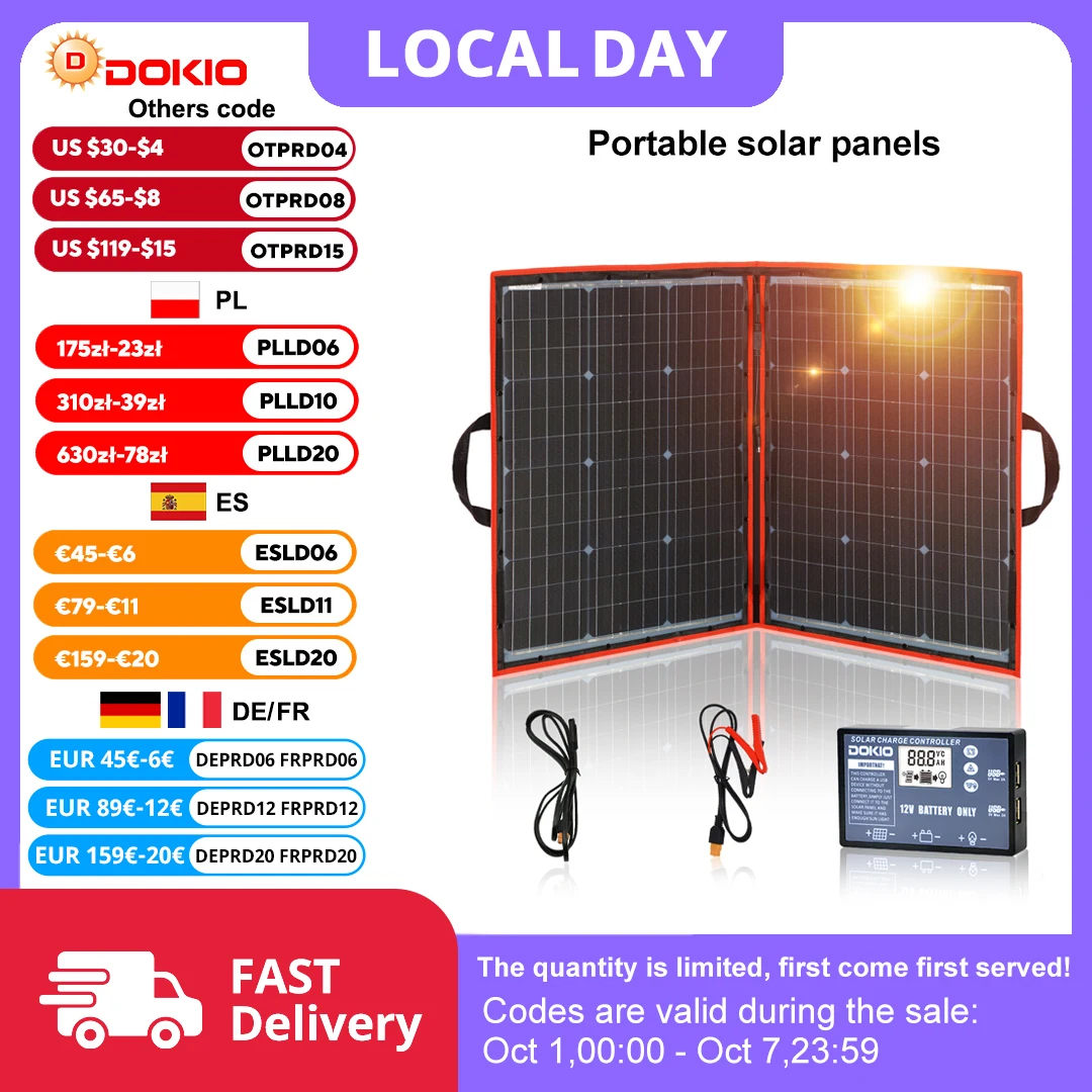 Pannello Solare Flessibile Pieghevole Mono 100W (50Wx2pz) Dokio per Viaggi, Barche e Camper, Pannello Solare Portatile di Alta Qualità