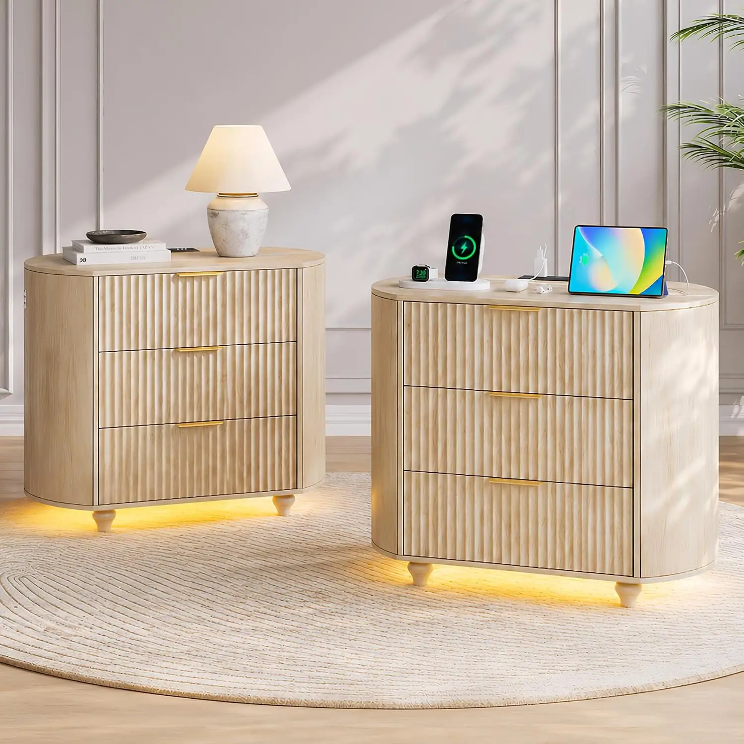 Nightstand Set of 2 with Charging Station & LED Lights, 31