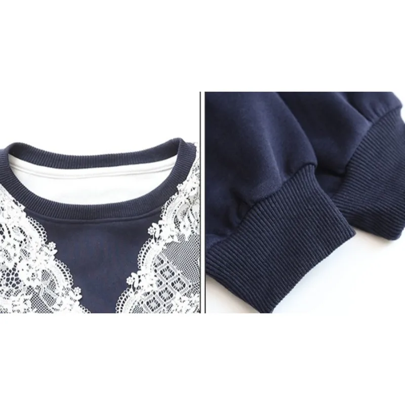 Girls Sweatshirt Lace Bow Print Autumn Cute Children Tops Dark Blue 2026 5