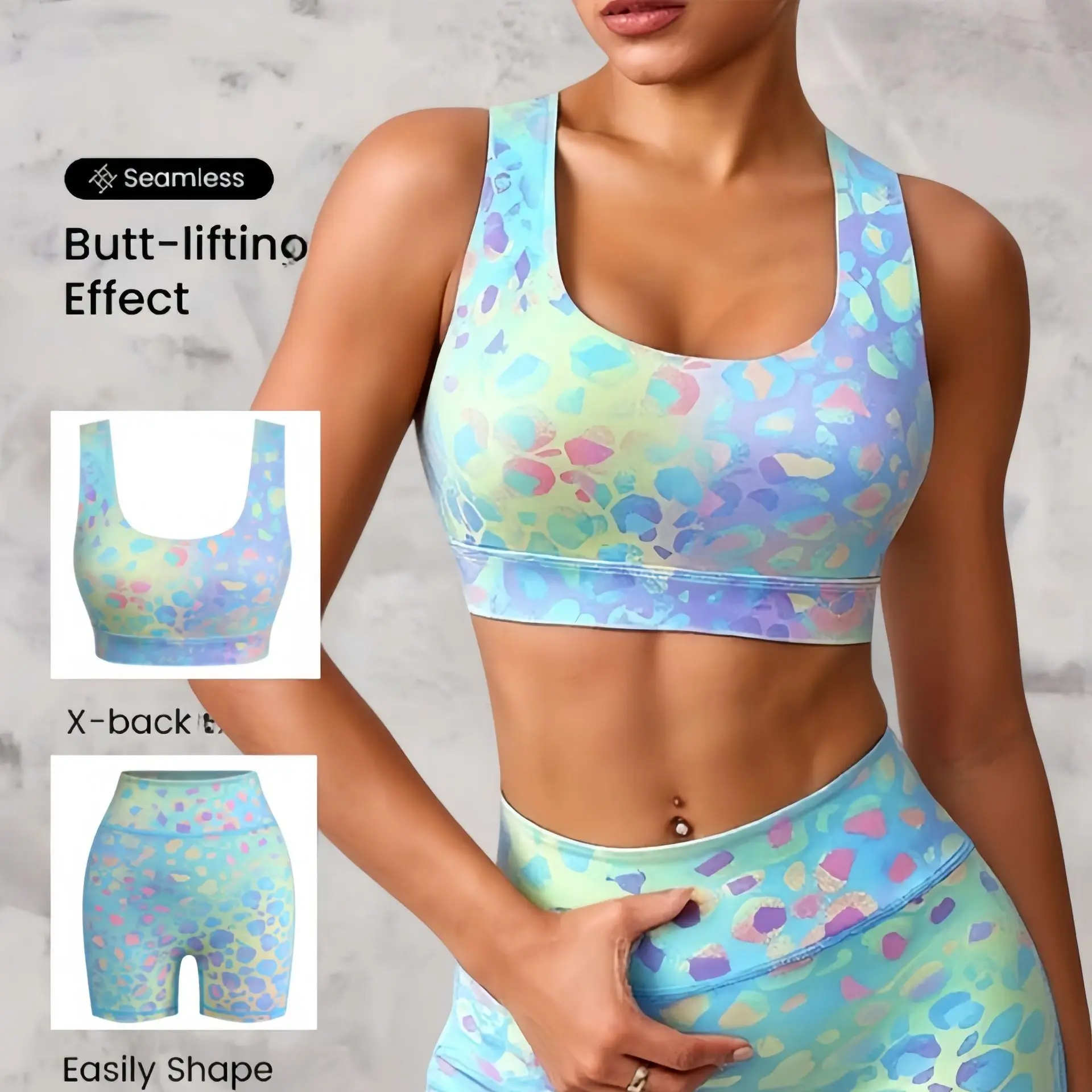 Women High Waisted and Belly Hugging Leopard Print Yoga Set for Lifting Hips and Tight Fitting for External Wear Running Peach