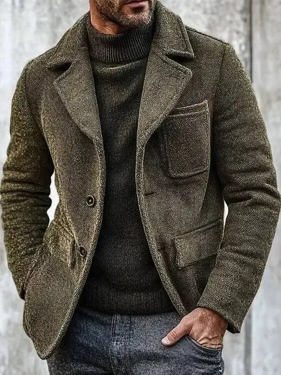 

Retro Woolen Coat Casual Turn-Down Collar Men's Suit Pure Color Thi Long Sve Two-Button Single-Breasted Jaet