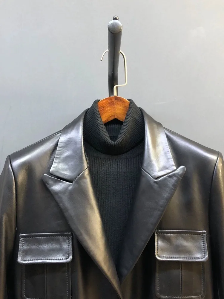 Colletto da abito da donna da ufficio Giacca in vera pelle tinta unita Slim maniche lunghe Pelle di pecora Tasca con bottoni Cintura Capispalla moda