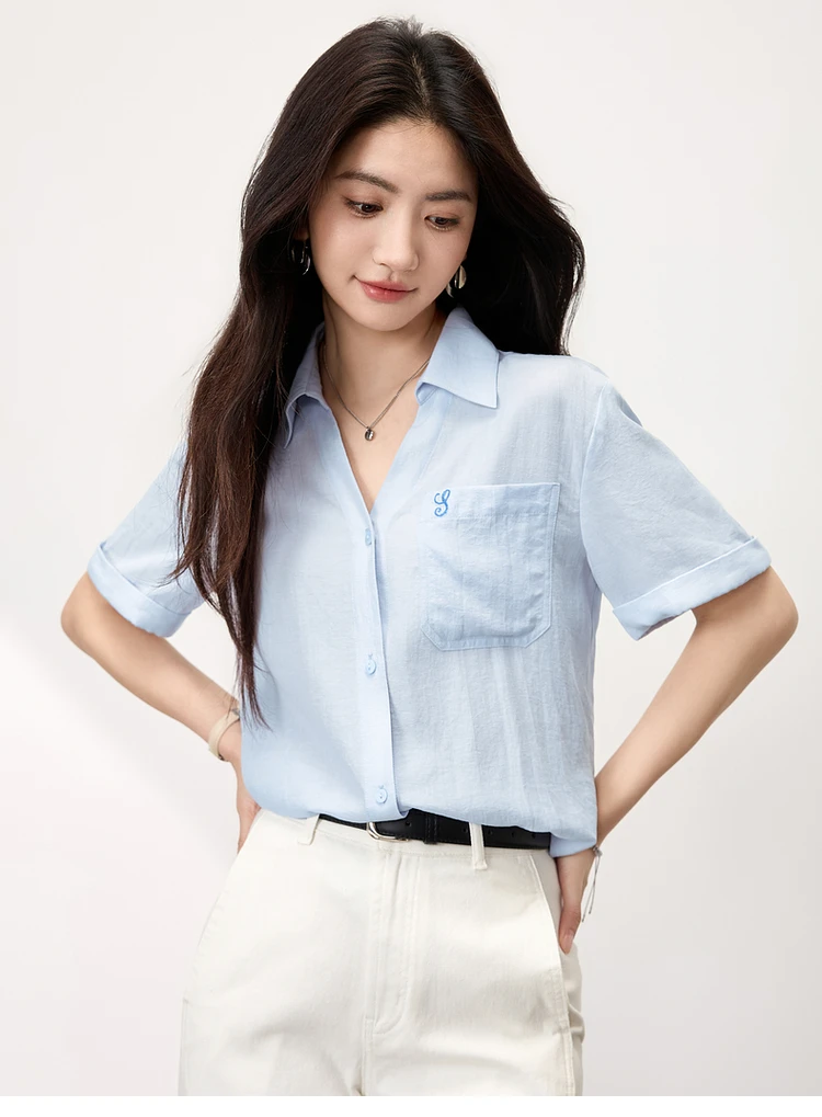 

SENTUBILA Women's Shirt Summer 2025 Embroidered Lyocell Blouse V-Neck Lapel Short Sleeve Commuter Tops Eco Office Wear 152CA1715