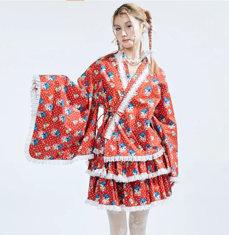 Japanese Retro Red Print Cute V-neck Lace Big Swing Sleeve Shirt Sweet Lolita High Waist A-line Age-reducing Princess Cake Skirt