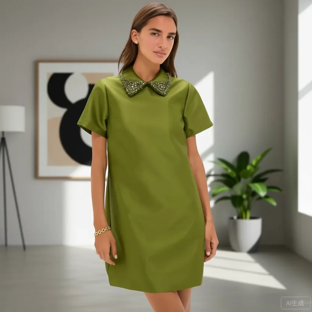 Оливково-зеленое атласное мини-платье трапециевидной формы с воротником «Питер Пэн» и хрустальными украшениями, цветочное кружево, вышитый костюм для выступлений