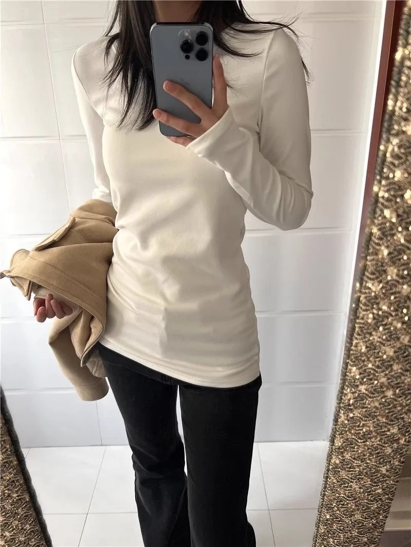

Soft White Loose Long Sve Women's T-irt High Collar Base Layer irt Korean Sle Versatile Mid-Length Top