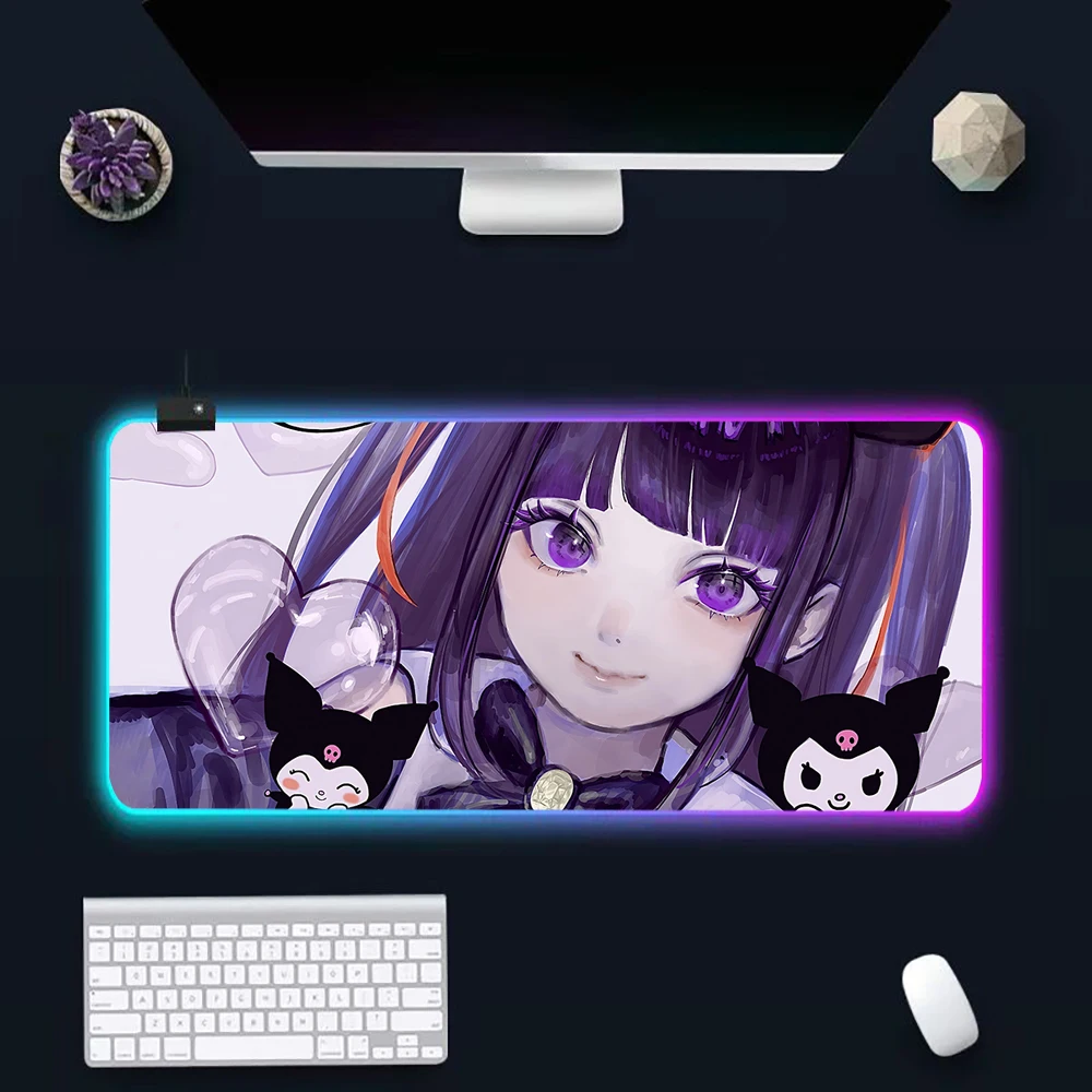 Kuromi Kawaii RGB Pc Gamer Keyboard Mouse Pad Mousepad LED Glowing Mouse Mats Rubber Gaming Computer Mausepad