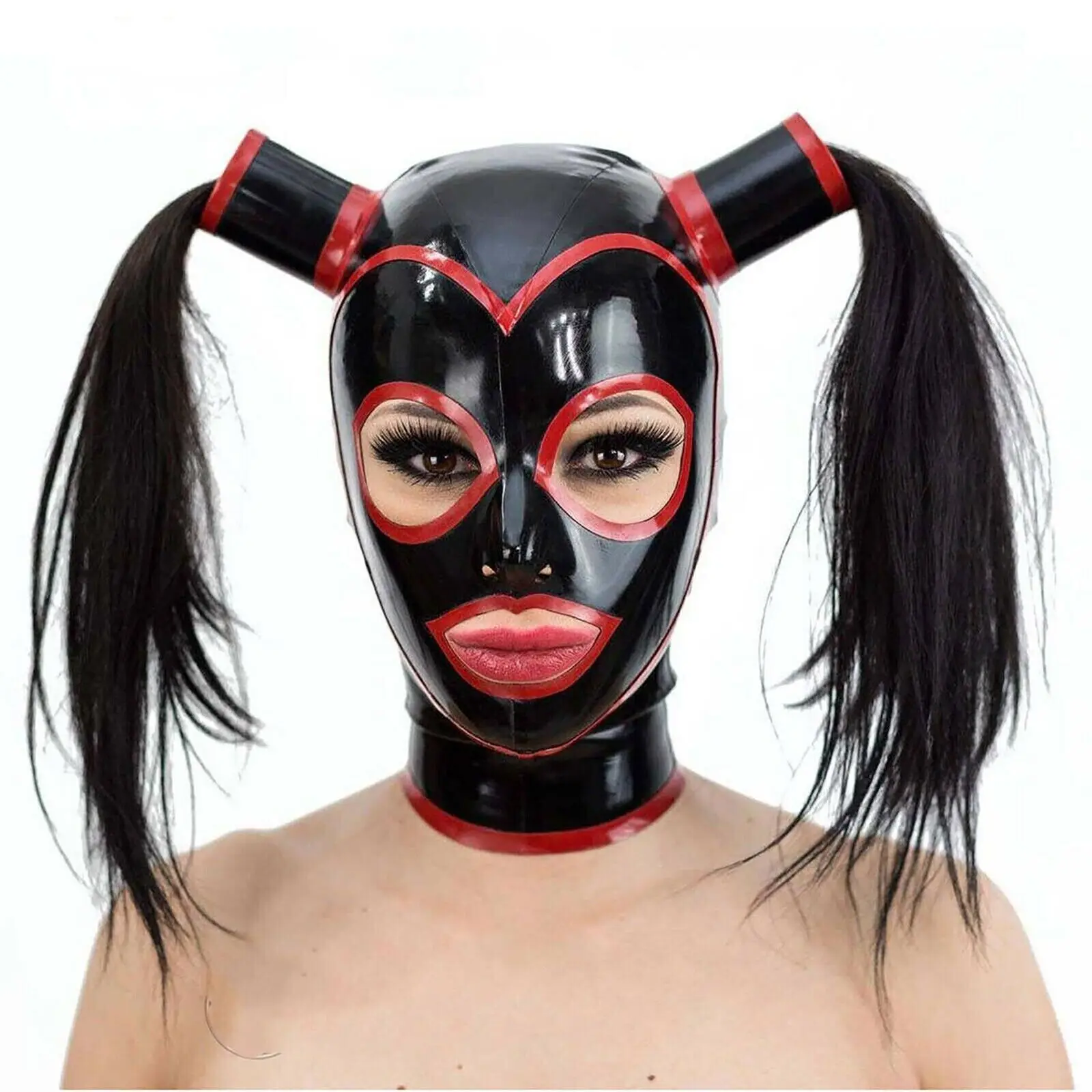 

Black Latex Hood with Red Trim and Ponytail Wig with Zipper Back Club Rubber Mask