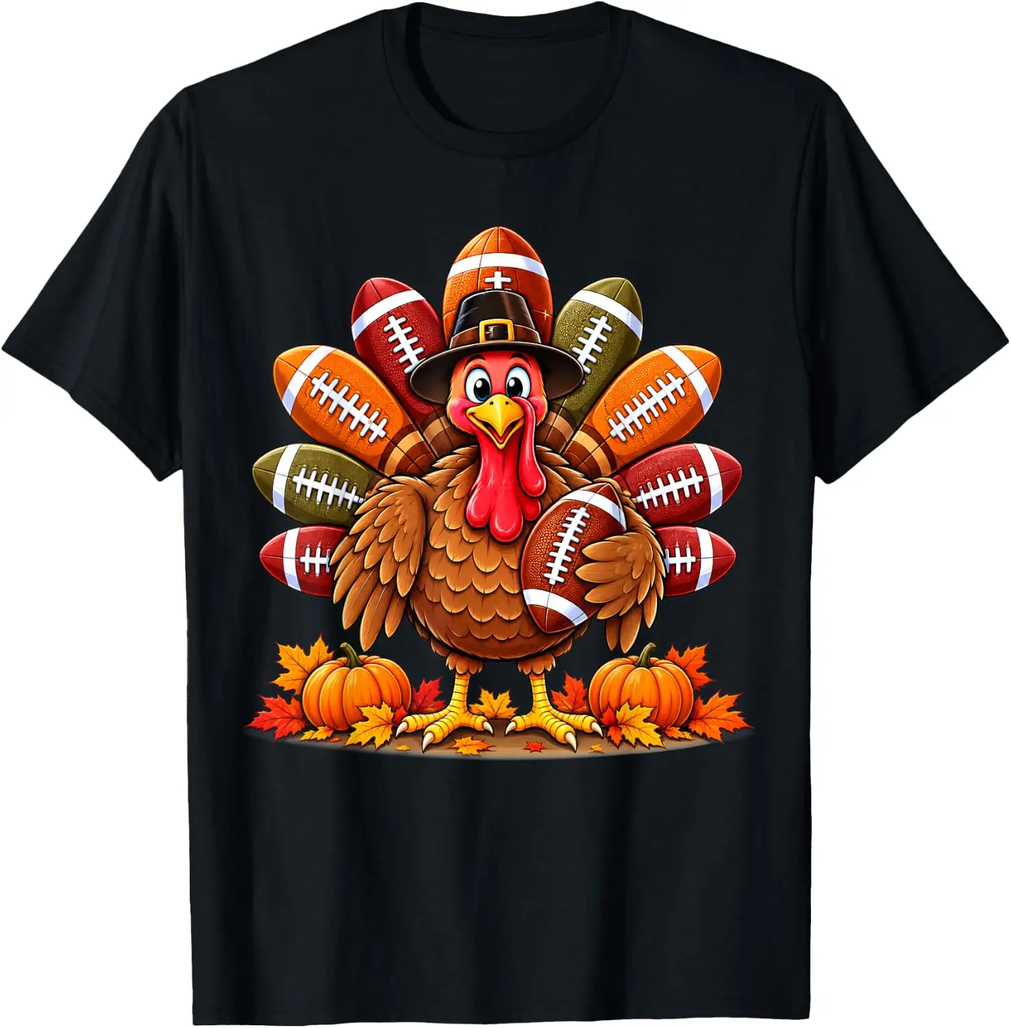 Thankful Happy Thanksgiving Football Turkey T-Shirt Halloween Loose-Fit Pure Cotton Short-Sleeve Top – Stylish, Breathable, Plus-Size – Christmas Gift