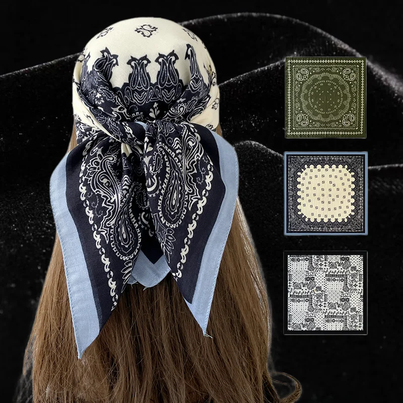 Elegant Women's Paisley Floral Print Satin Scarf Contrast Border Head Wrap Neckerchief  5 Colors Available Turban Bandana