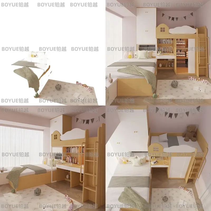 Multifunctional Loft Bed with Wardrobe Space Saving Bunk Bed for Small Apartment Bay Window Storage Combo Staggered Design