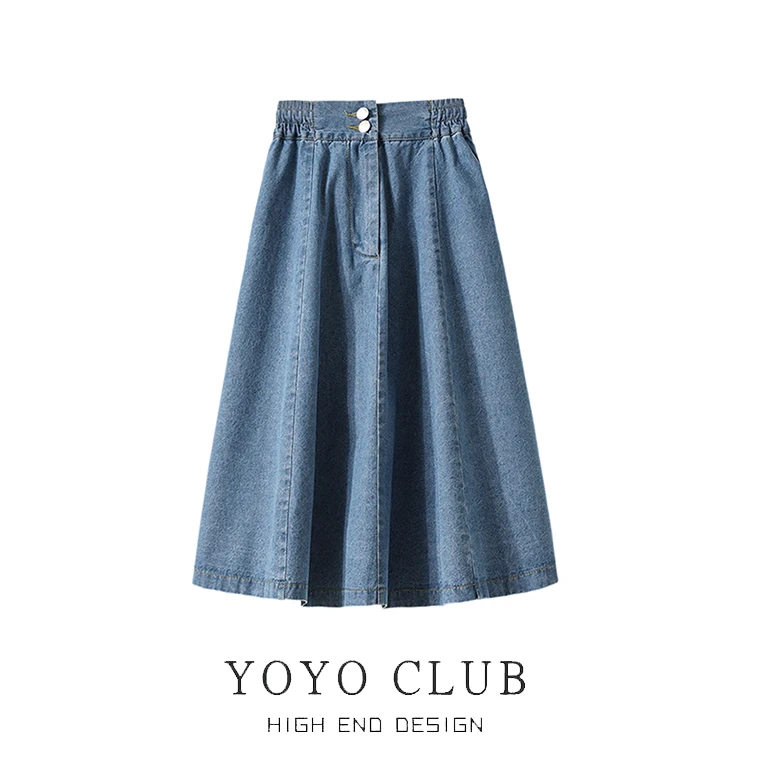 

Женская джинсовая юбка-миди с завышенной талией, тонкий материал, корейский стиль, однотонная, больших размеров, для повседневной носки, фасон «зонтик»