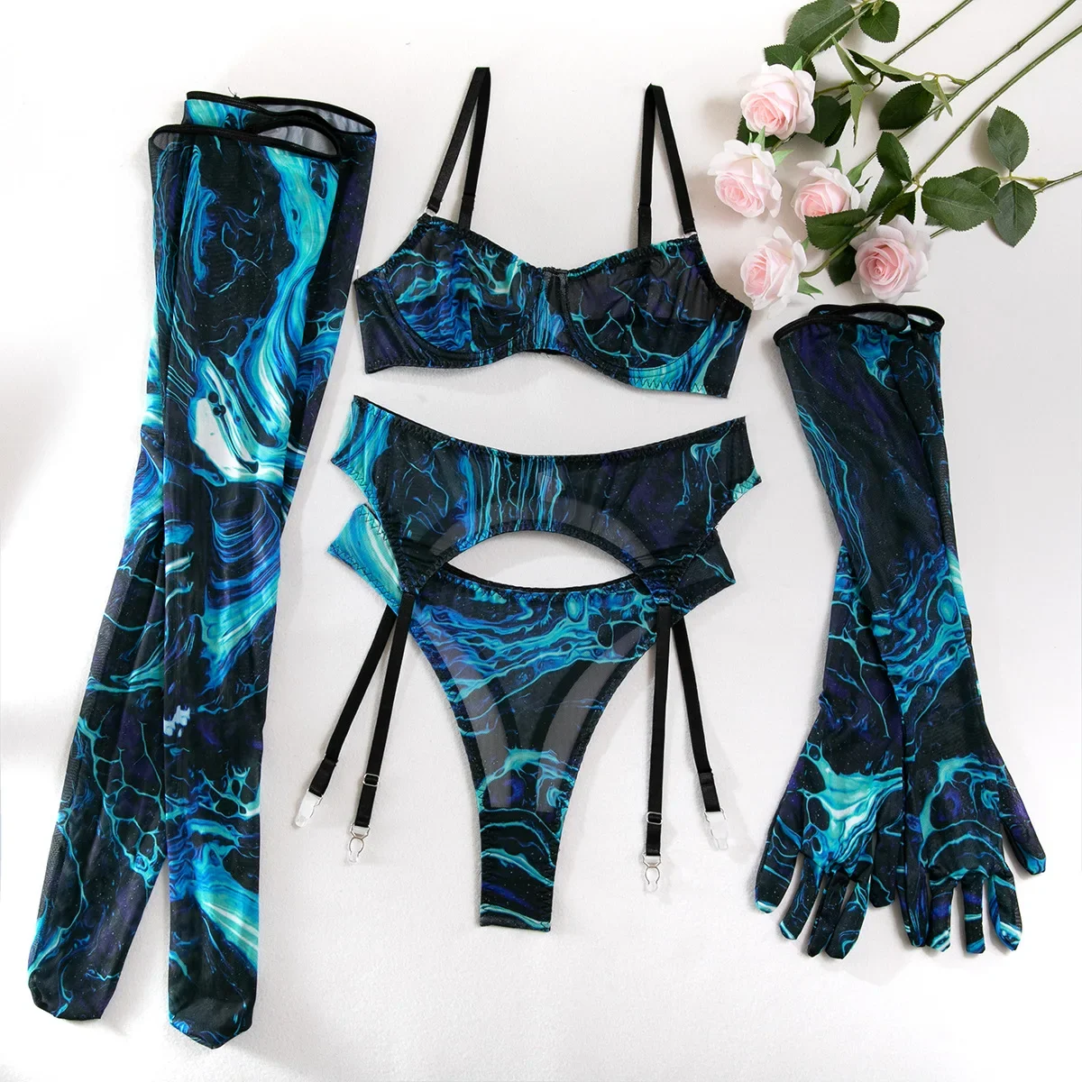 Sexy Perspective Breast Gather Printed Lingerie Set with Gloves Leg Set for Women\'s Five Piece Set Female Fun Bra & Brief Sets