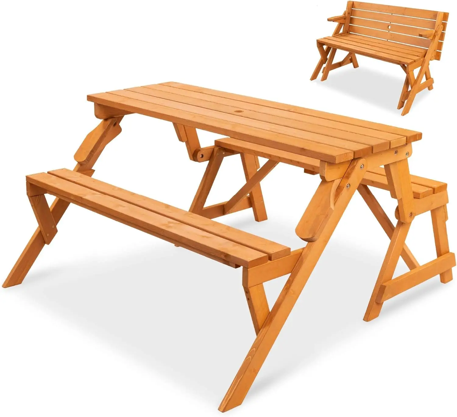 2-in-1 Transforming Interchangeable Outdoor Wooden Picnic Table Garden Bench for Backyard, Porch, Patio, Deck w/Umbrella Hole