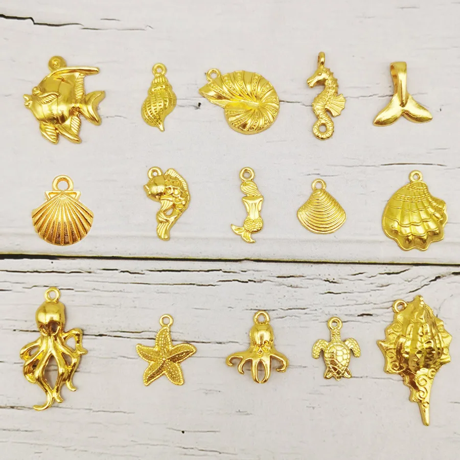 10/15PCS Gold Color Marine Life Charms Alloy Fish Mermaid Shell Conch Seahorse Octopus Pendant Bracelet Jewelry Making Accessory