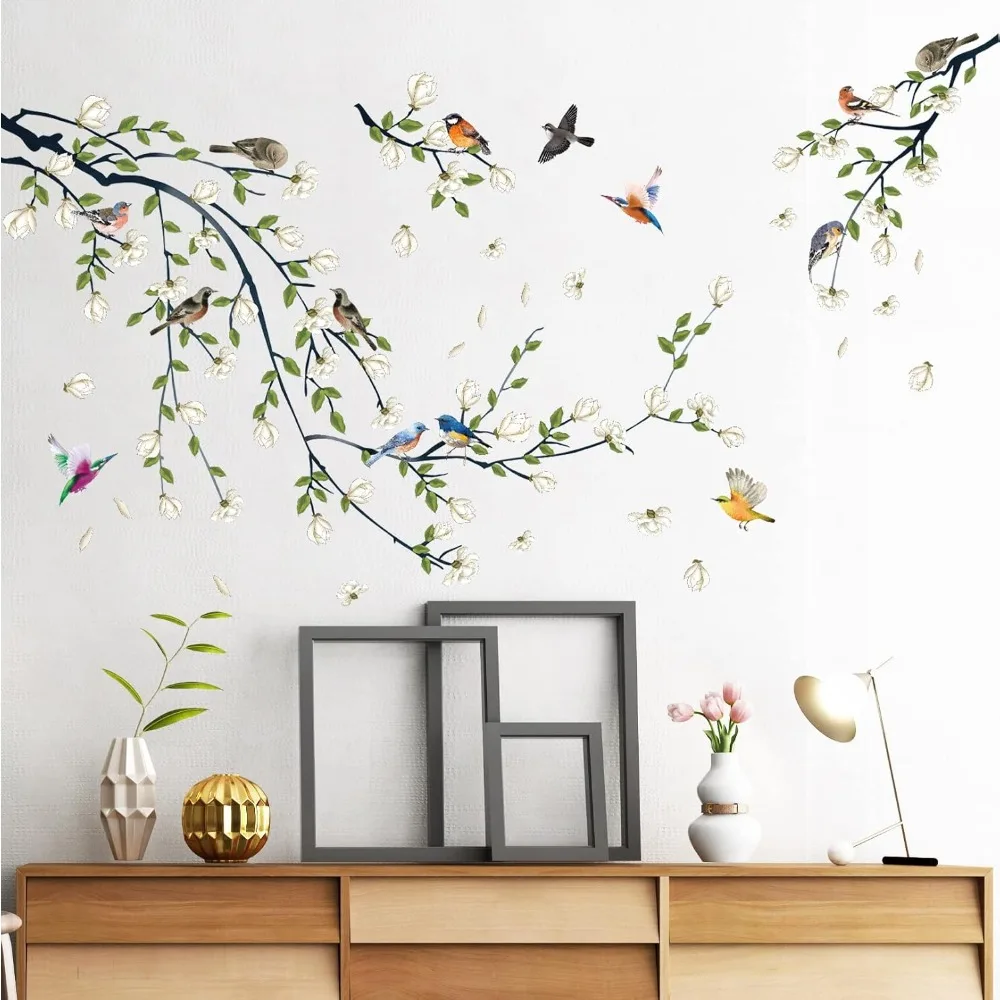 4 hojas de calcomanías de pared de ramas de Magnolia, pegatinas de pared de flores blancas, pegatinas de pared de pájaros coloridos extraíbles DIY, pétalos que caen el hogar