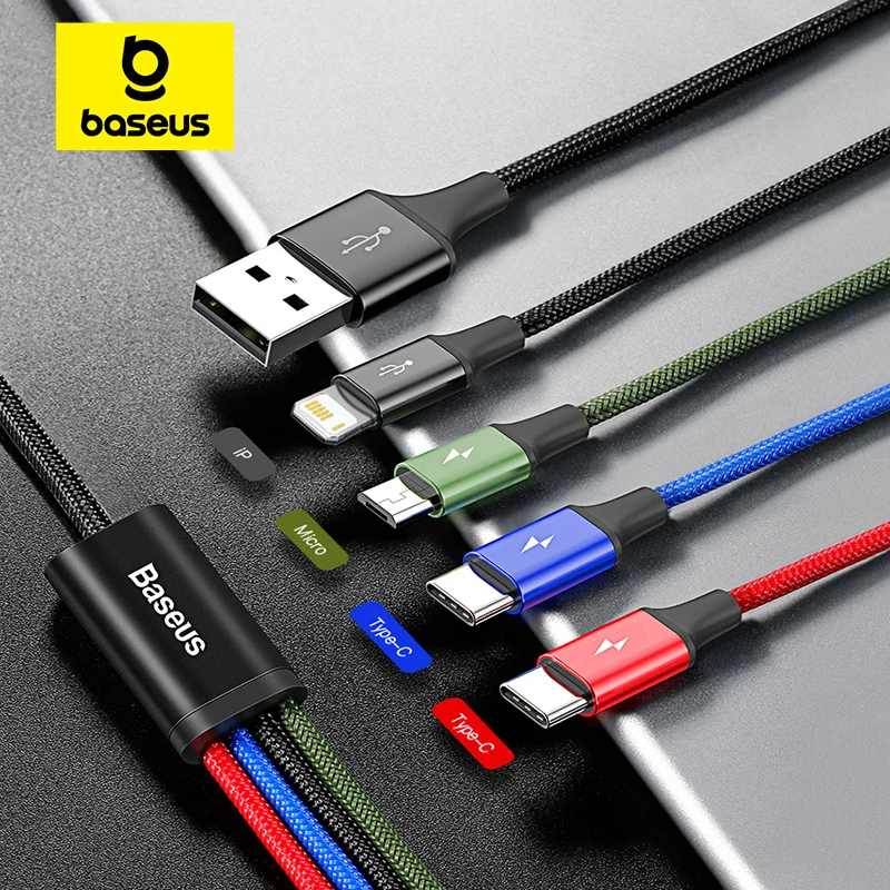 Baseus 4 in 1 USB C타입 케이블, 삼성 S20 샤오미 미 9 용 케이블, 아이폰 12X11 프로 맥스 화웨이 충전기 마이크로 USB 케이블 