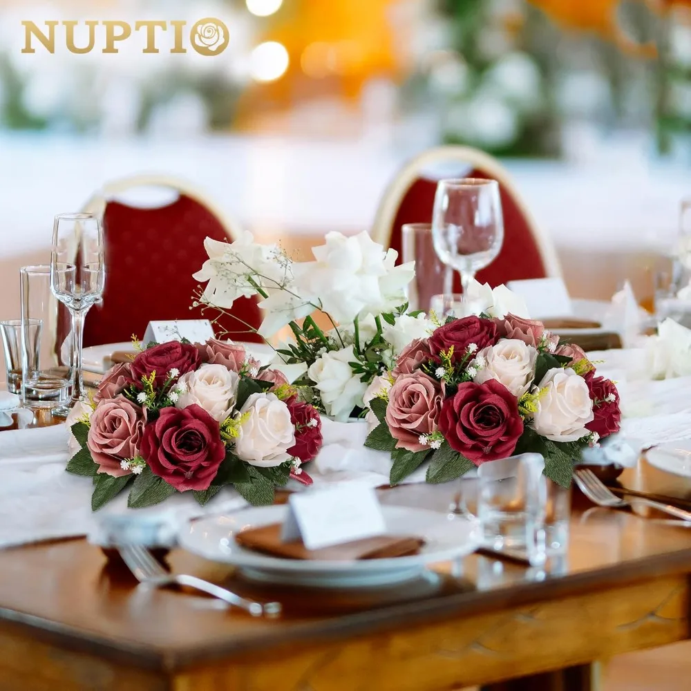 

Artificial Flower Centrepieces for Tables - 10 Pcs Burgundy & Dusty Rose & Creamy White Fake Flowers Roses Balls 9.5in Diam