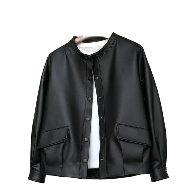 Veste courte en cuir noir pour femme, manteau décontracté, haut de gamme, mode féminine, printemps, automne, nouveau, 2023