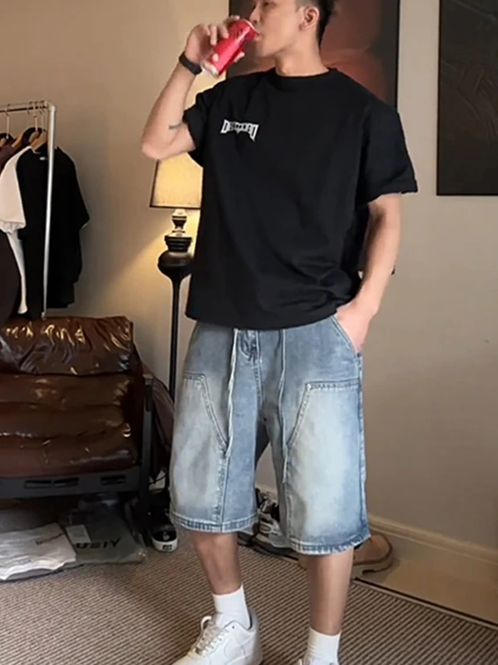 

American Retro Waed High Street Patchwork Denim orts ex Summer Wide Leg Loose Dstring Five-Quarter Pants