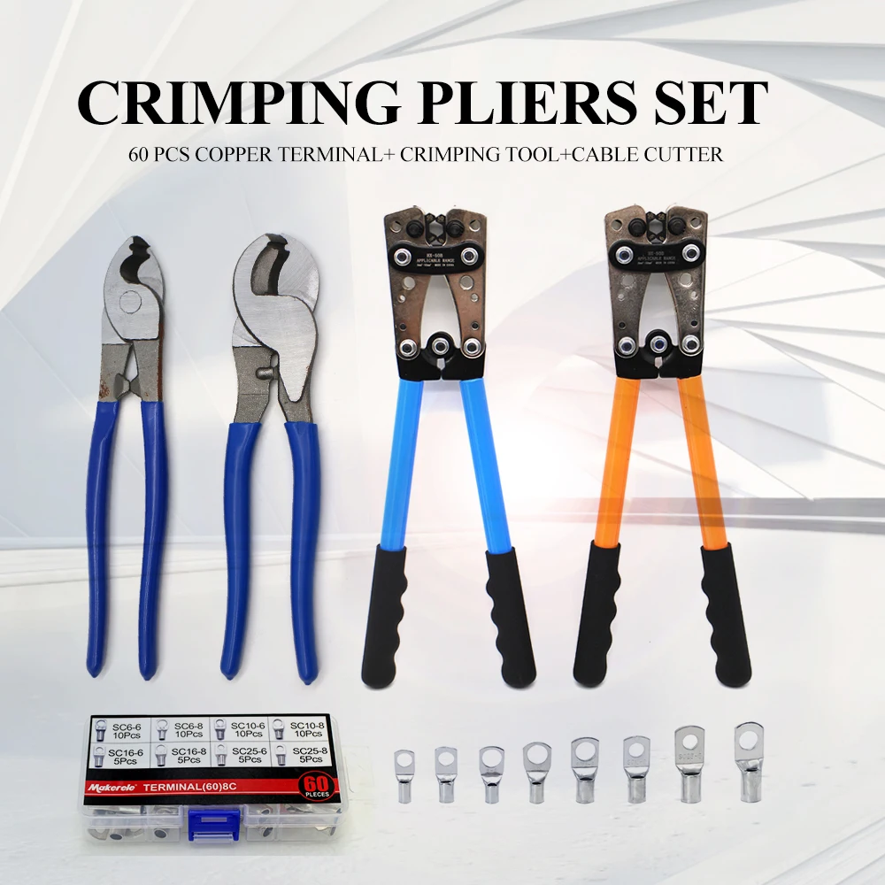 

HX-50B Wire Crimper 60pcs Assortment Auto Copper Terminal Cable Crimping Tool With Battery Terminals Heavy Duty Copper Lugs Tool