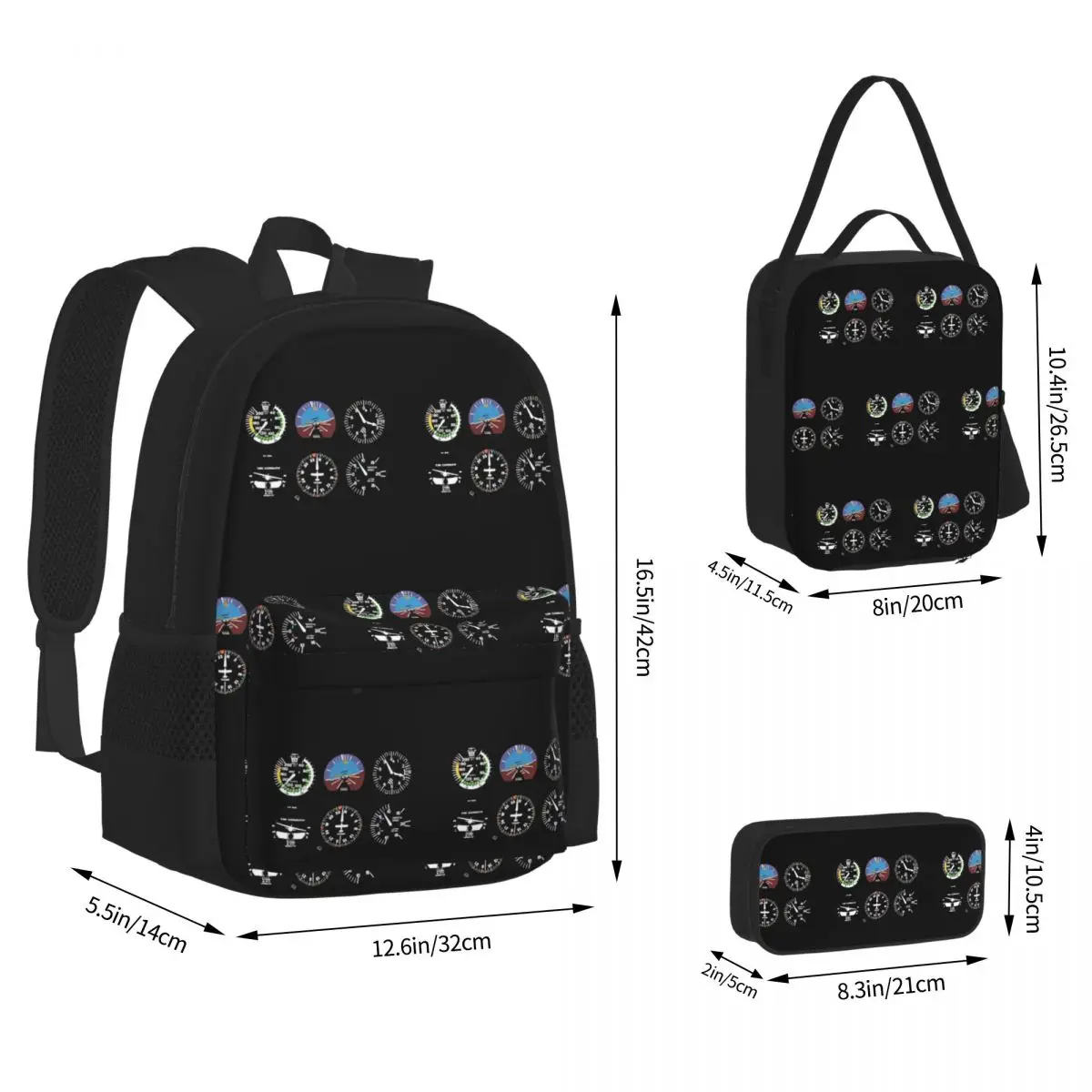 Cockpit Six Dials Flight Simulator Pilot Backpacks Children Bookbag School Bags Rucksack Lunch Bag Pen Bag Three-Piece Set