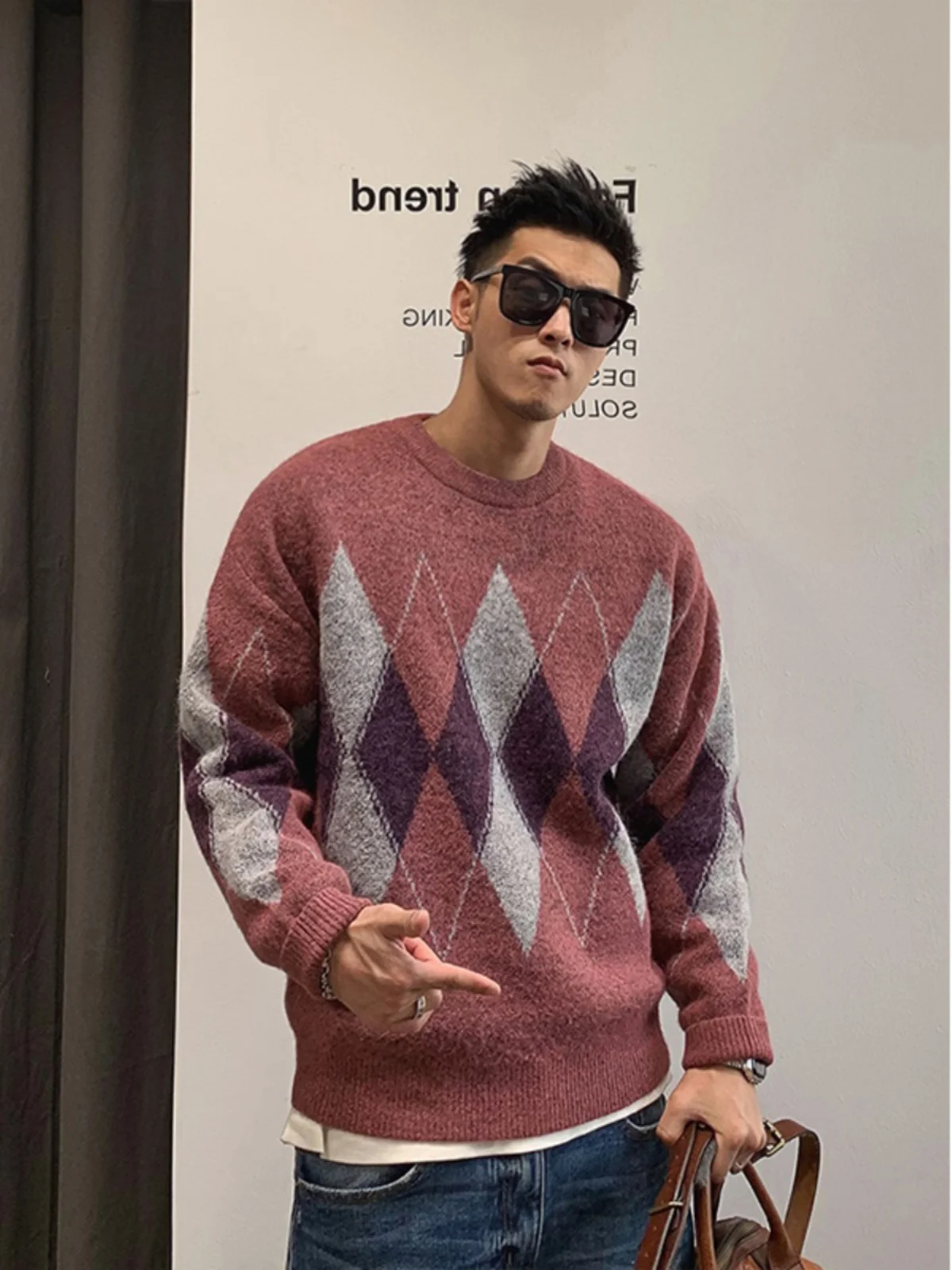 アメリカンカジュアルメンズニットセータールーズラウンドNeニットウェアヴィンテージダイヤモンドパターン若々しいトレンディな春秋の摩耗