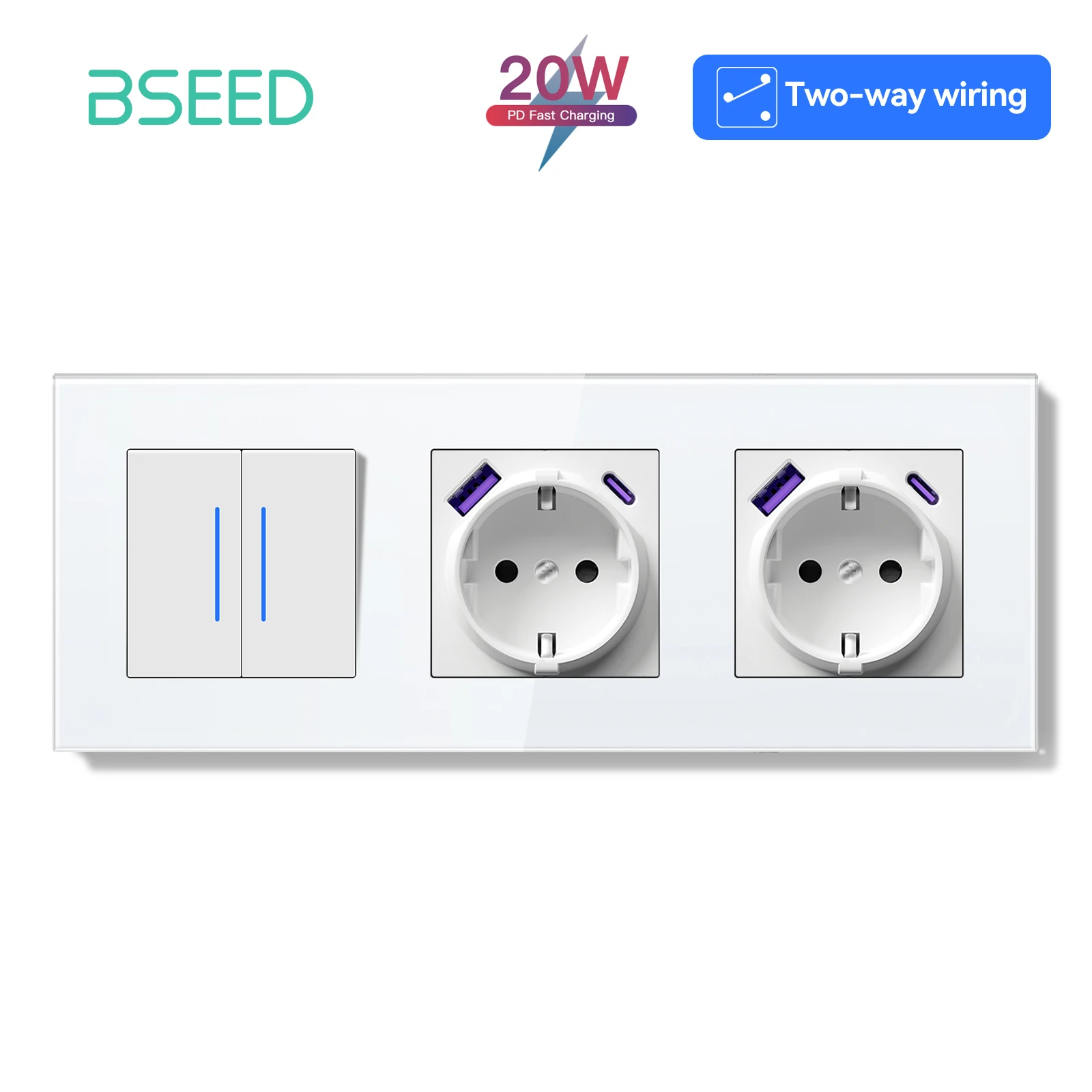 BSEED 1/2 Gang mechanische Lichtschalter 2-Wege-Pass-Through-Schalter mit EU-Buchse USB Typ-C LED-Anzeige Glasrahmen E-Serie 8
