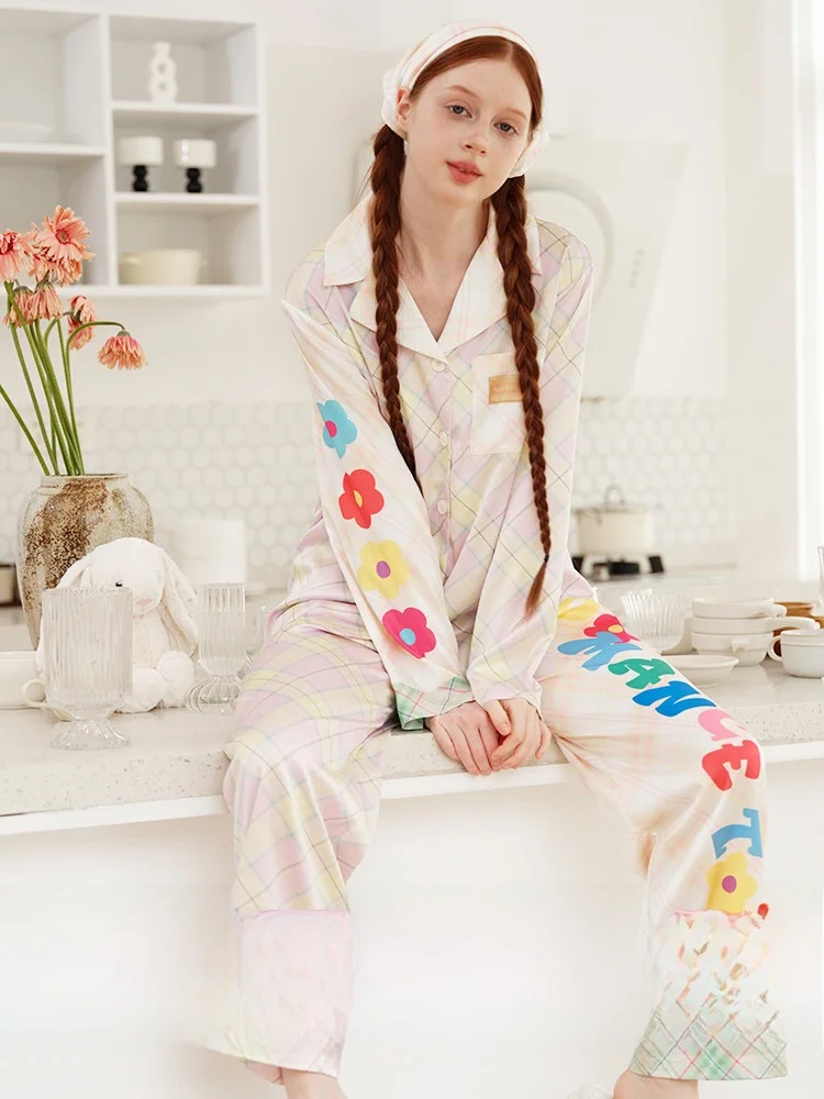RooMance Women's Ice Silk Sleepwear Floral Print Home Clothes Set Sweet Cute Style Loose Fit Short Sleeve Four Seasons Universal