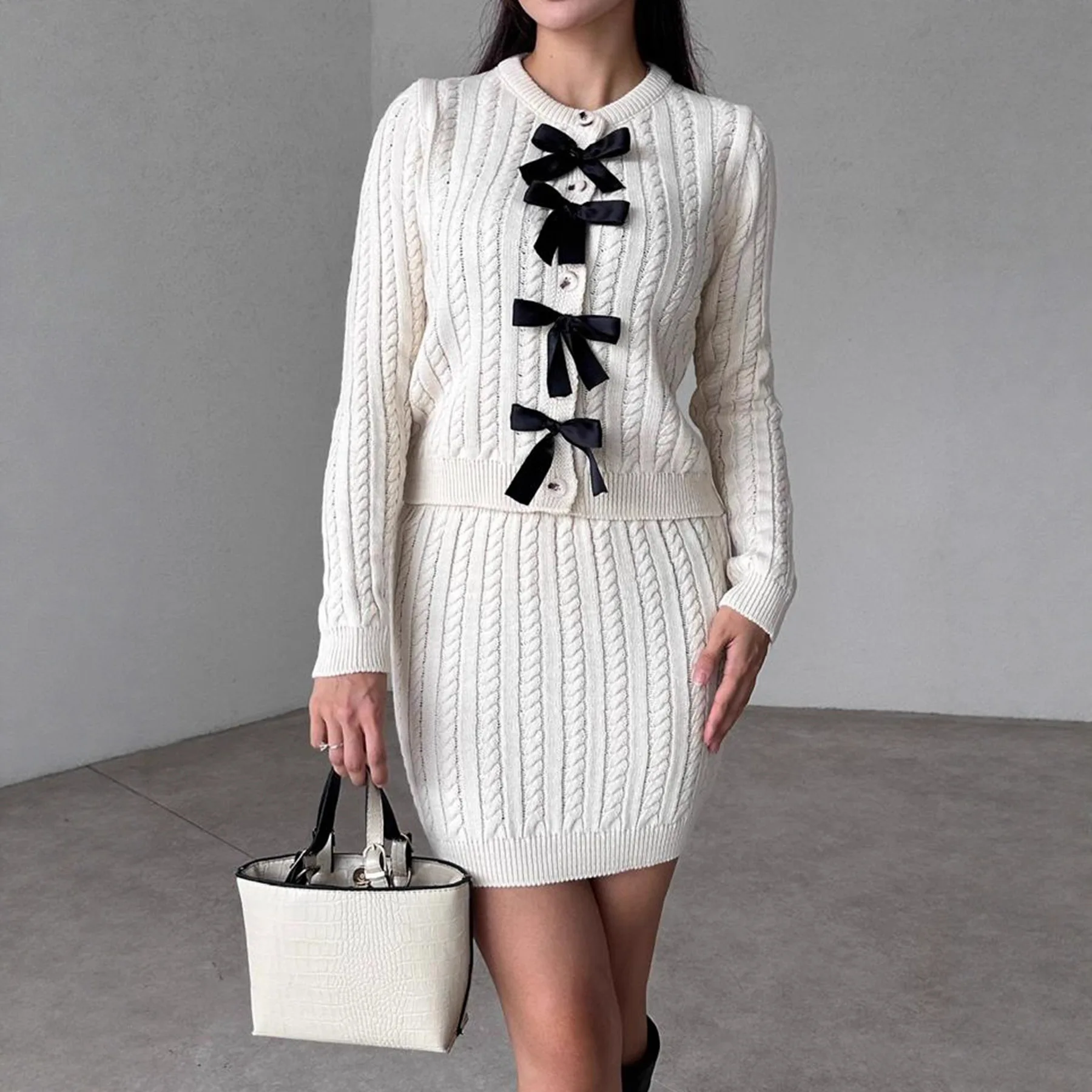 

Autumn Outfit Hotsweet Sexy Knitted Two Piece Set Women Sweet Fashion Cardigan Crop Tops + High Waist Mini Skirt 2 Piece Suits