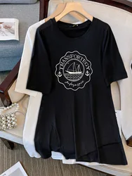 150Kg Plus Size Women's Bust 153 Summer Loose Printed Short Sleeved Cotton T-Shirt Black White 5XL 6XL 7XL 8XL 9XL