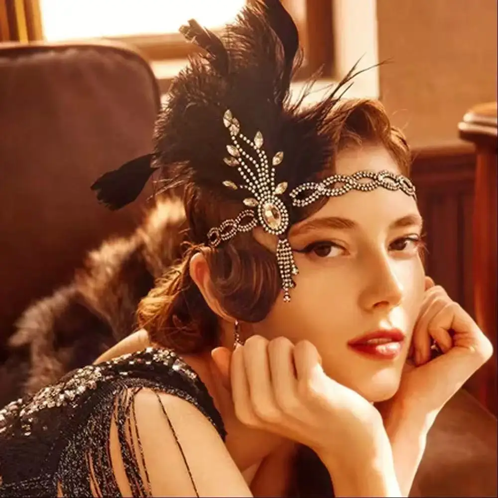 Gatsby Feather Headband Vintage Diamond Set Tassel Headwear Stage Performance Accessories Headwear
