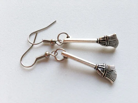 Europe and America Silver Color Metal Carving Broom Earrings UNISEX Halloween Punk Party Jewelry Earrings