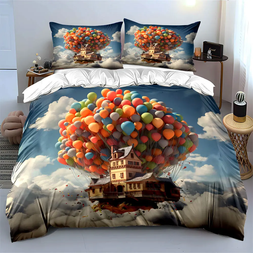 Floating House Balloon Decor Soft Skin-Friendly Bedding Set Includes 1 Duvet Cover And 2 Pillowcase, Gift