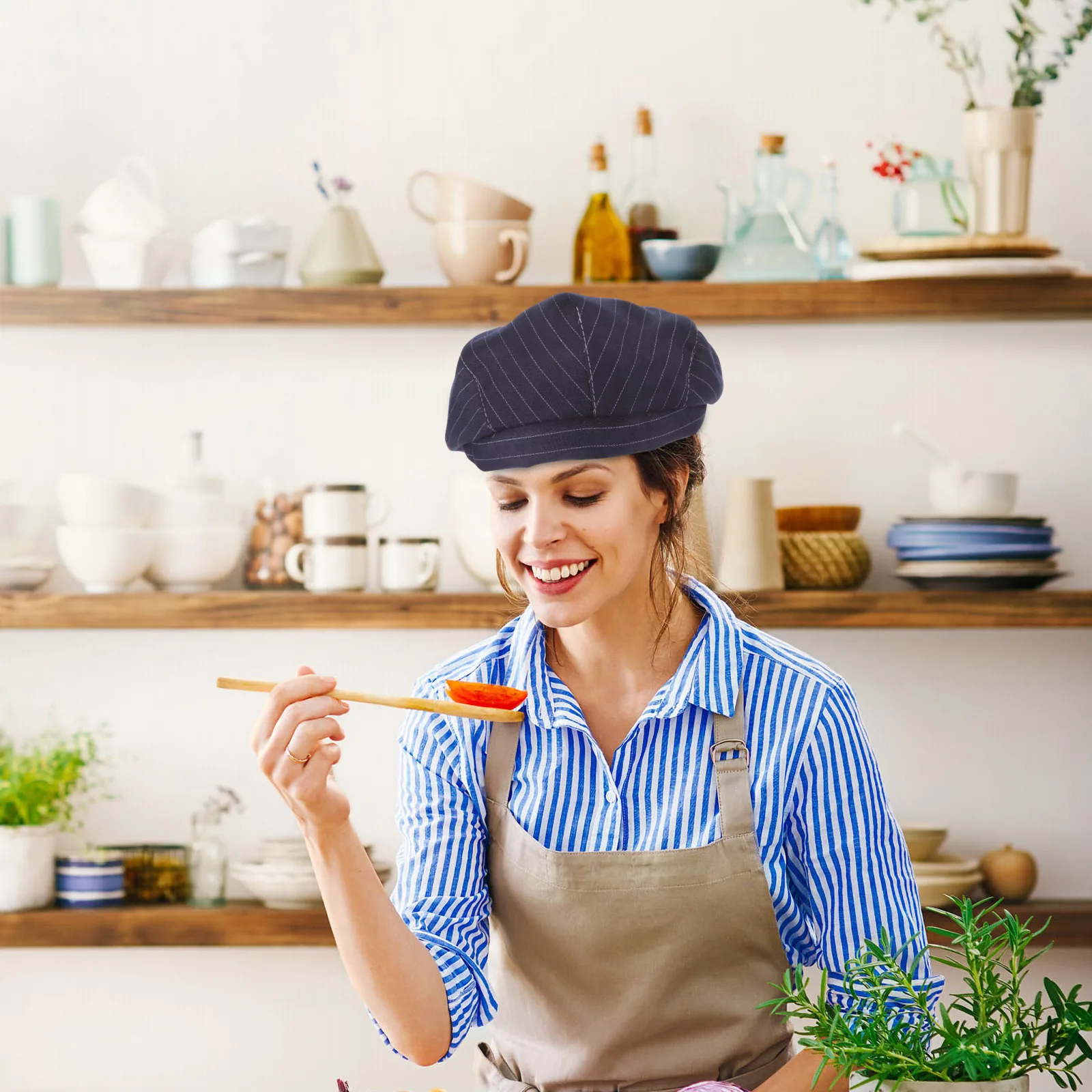 

Chef Hats for Men Women Blue Striped Restaurant Kitchen Cap Cooking Portable Chef Hat Stylish Kitchen Hat Workwear Uniform